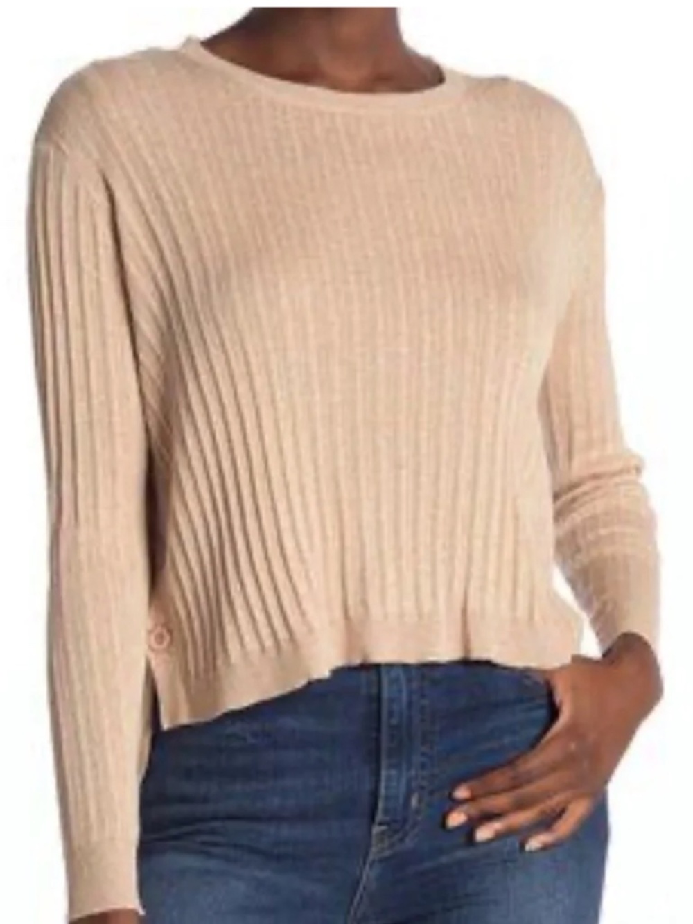 Cotton Emporium Women's Beige Side Button Long Sleeve Cotton Sweater, size Large